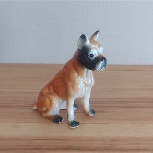 Vintage Glazed Porcelain Boxer Sitting Dog Figurine Unmarked 3.5"